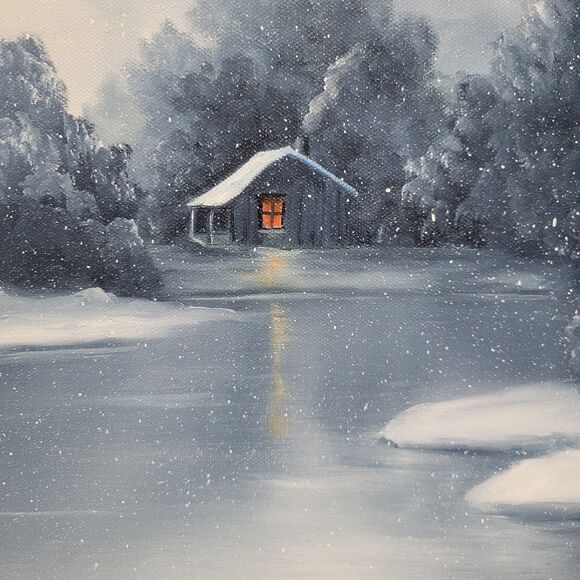Vtg Oil Painting 25"x21" Canvas Snow Cabin stream Trees Water Sgn BD Pollard '93 - Picture 2 of 16